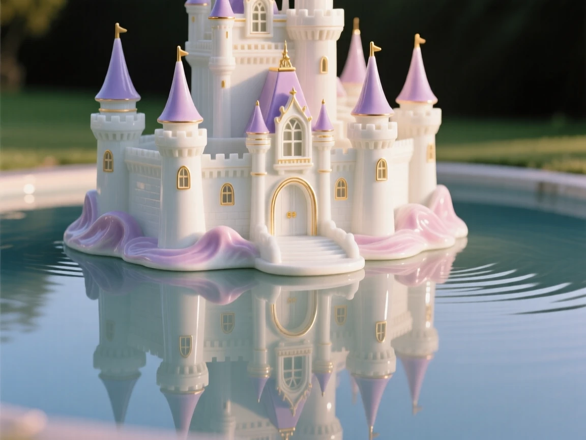 A fairytale castle reflected in a still moat, its towers catching the last light of day.