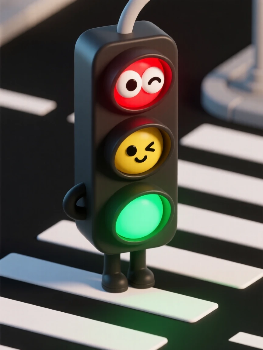 A cheerful traffic light with blinking eyes winks playfully as it changes from red to green above a busy crosswalk.