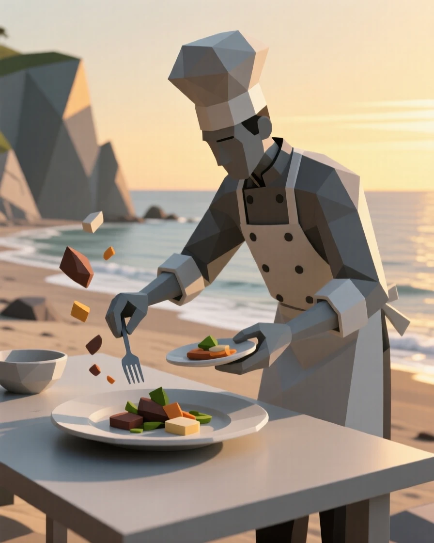 A chef carefully plating an elegant dish, at golden hour by the coastline. dynamic motion is captured with a clear sense of energy. The scene feels energetic and inspiring.