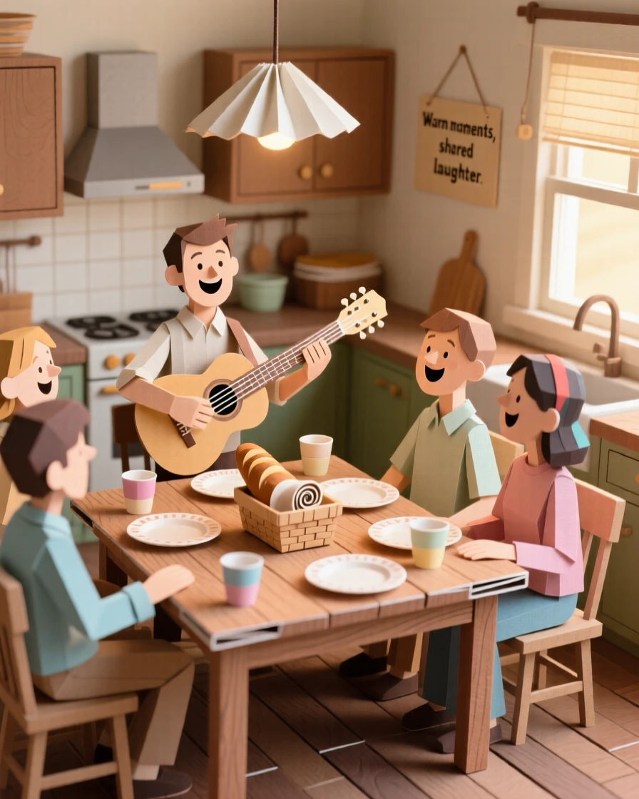 A street performer gathered around a warm kitchen table, with soft laughter caught mid-moment, capturing carefree, memorable joy.