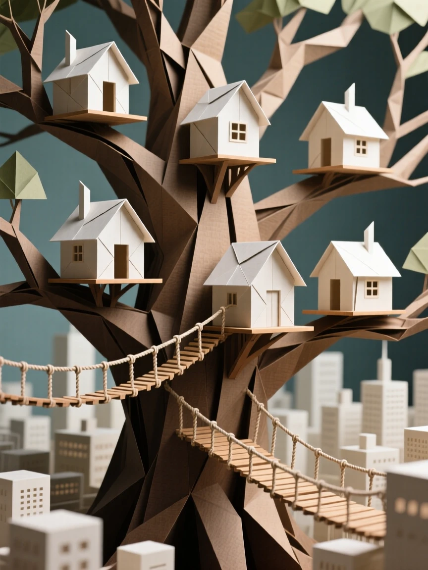 A city built into the branches of an impossibly large tree, rope bridges linking treehouses.