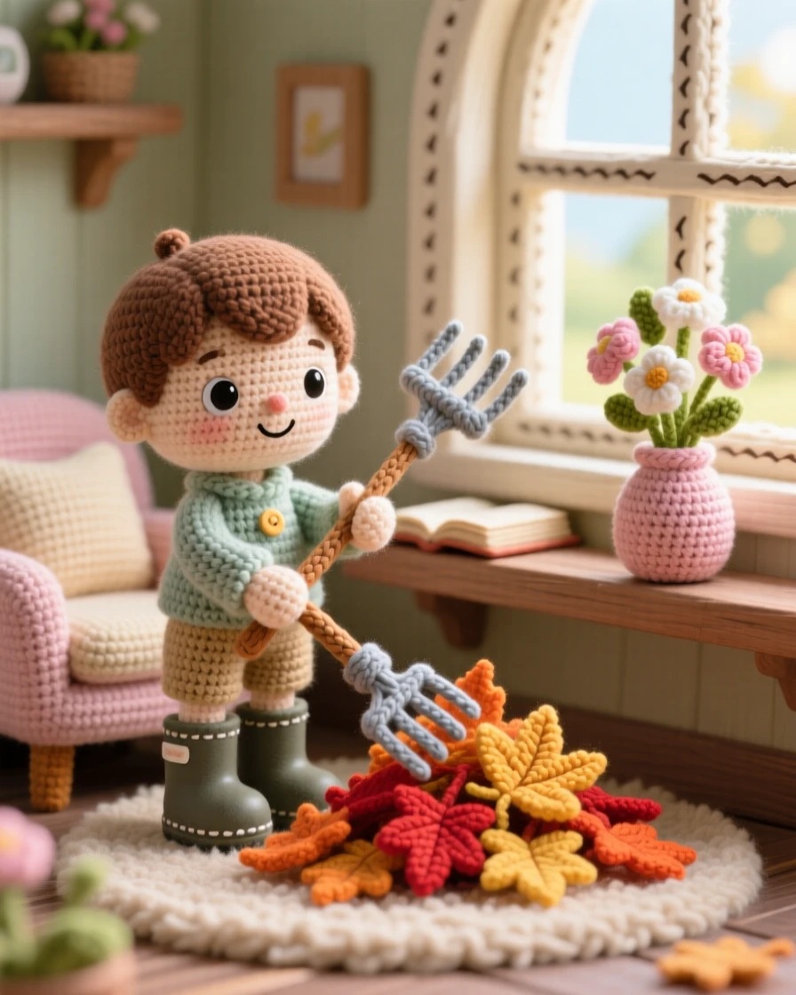 A tender everyday moment: a small boy raking leaves in the backyard with a small rake and rubber boots, gathering leaves into a tidy pile inside a cozy reading nook tucked beside a window; a small vase of fresh garden flowers completes the scene, full of tender, unspoken affection.
