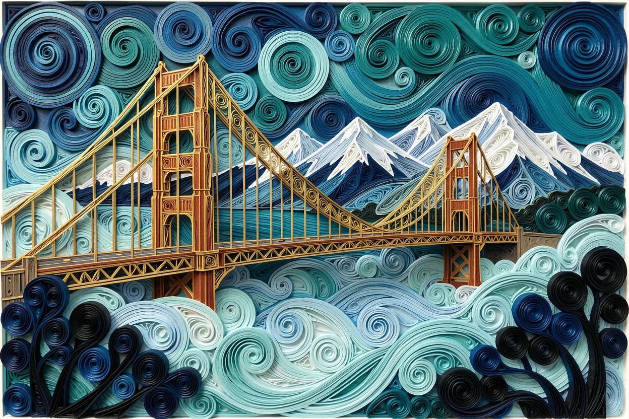 A breathtaking view of the Golden Gate Bridge emerging from rolling fog framed by distant snow-capped mountains, in a rich palette of blue, teal, and gold, framed by silhouetted trees in the foreground.