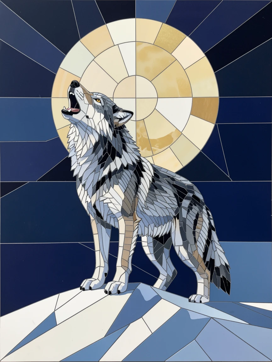 A lone gray wolf howling atop a snowy ridge under the moon.