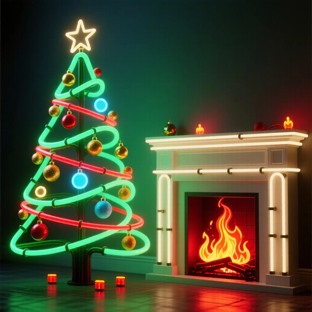 A decorated Christmas tree standing beside a crackling fireplace.