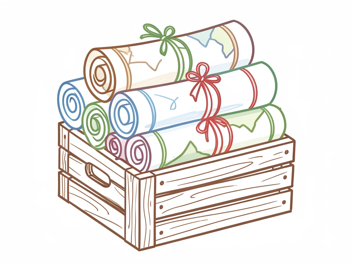 A collection of old maps rolled and tied, stacked in a wooden crate.
