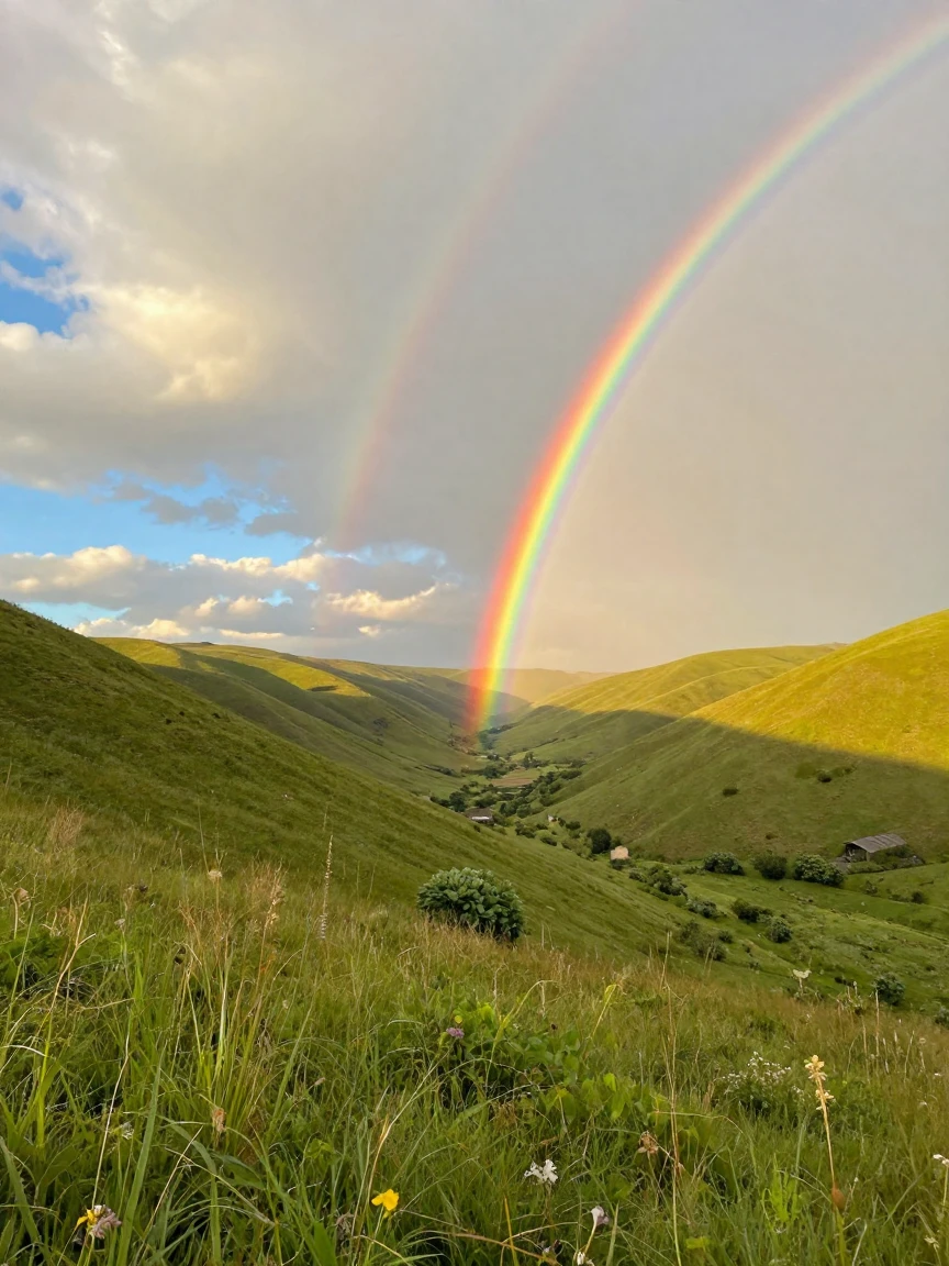 A double rainbow arching over a lush green valley