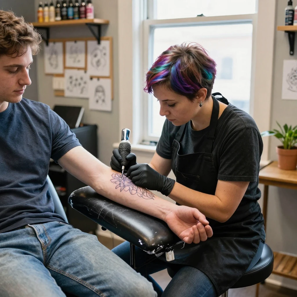 A tattoo artist carefully inks a delicate design onto a client's forearm.