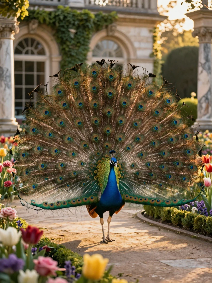 A peacock fanning its iridescent tail feathers in a lush palace garden