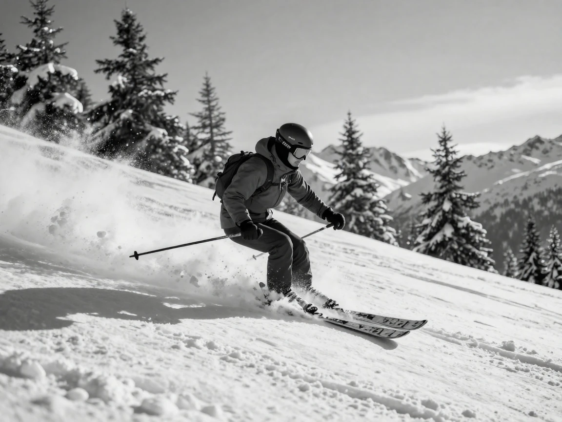 A skier carves fresh tracks down a snowy slope down a fresh powder run.