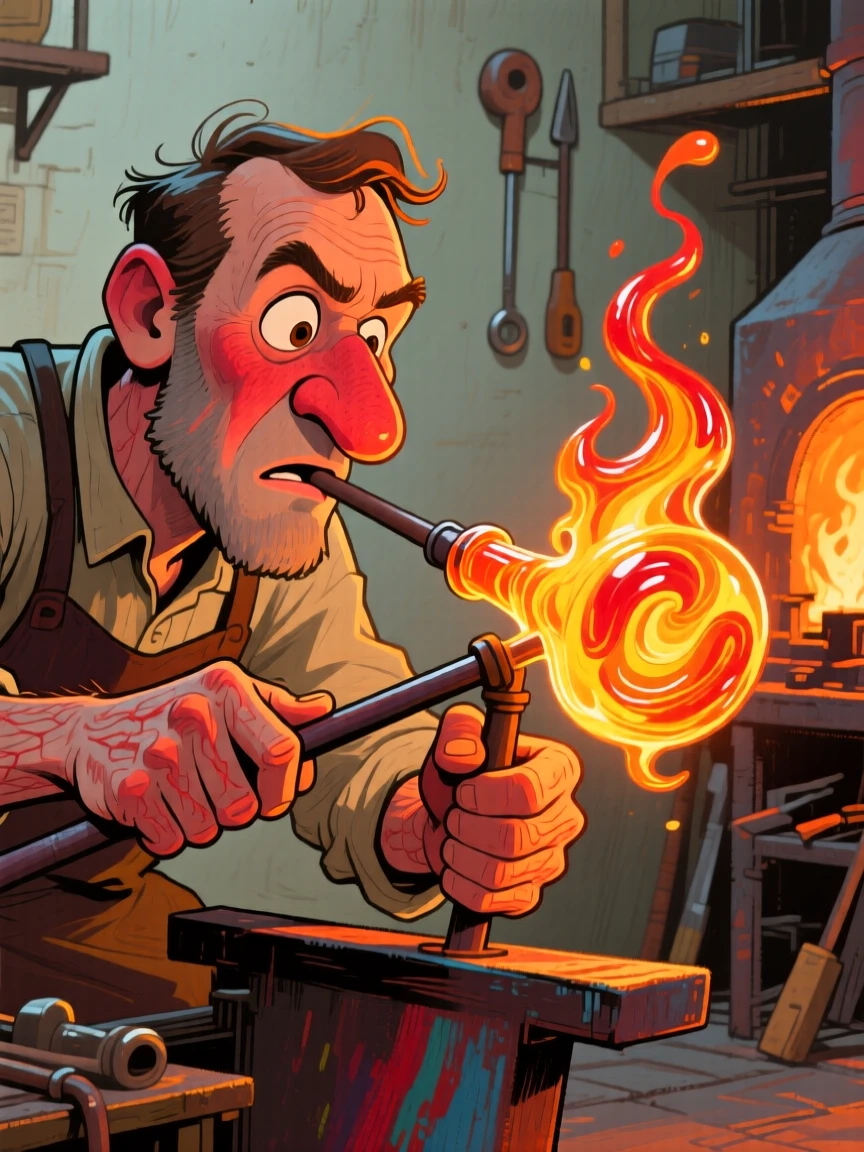 A glassblower shaping a glowing molten sculpture at the end of a long pipe.