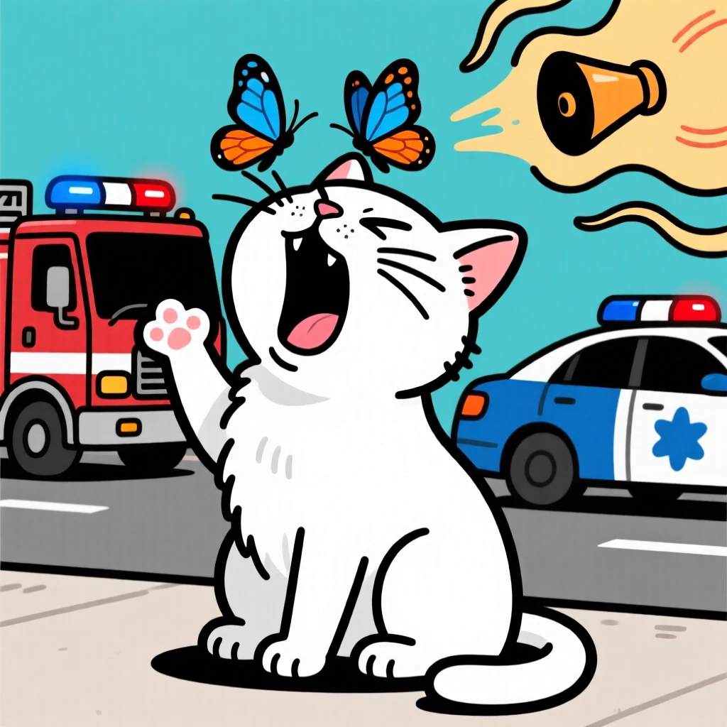 A playful pet moment featuring a regal white cat howling dramatically at a passing siren, as a butterfly lands on its nose.