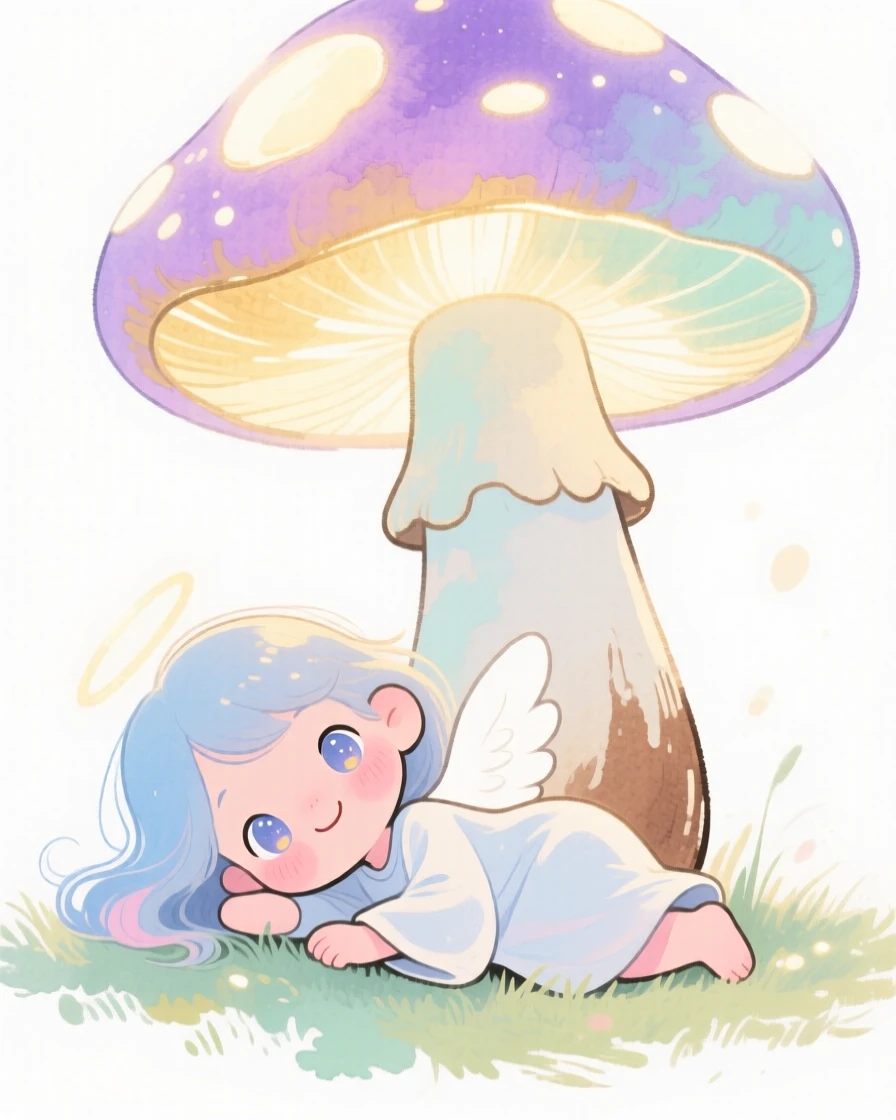 A celestial angel resting beneath a giant glowing mushroom