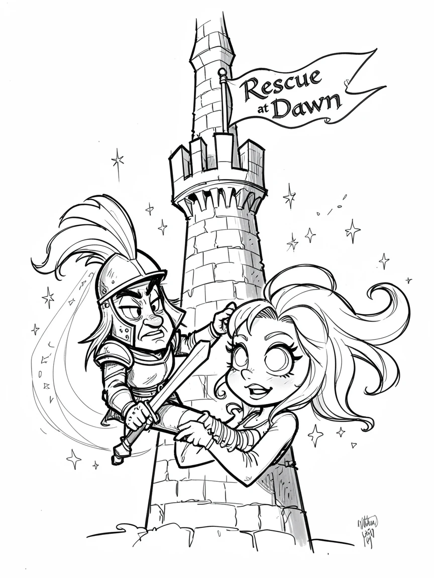 [Fantasy & Imaginative Scenarios] Imaginative fantasy scene of a knight rescuing a princess from a towering castle turret, brimming with wonder