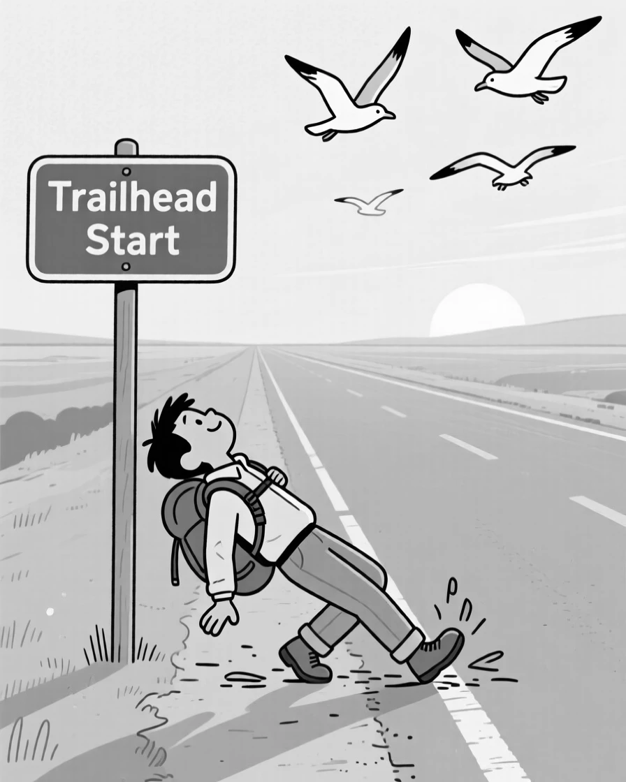 A hiker dramatically collapsing at the trailhead sign, leaning back just a little too far for safety, set on a long open highway at sunset. Seagulls circle hopefully overhead. It radiates wanderlust and the fun of getting a little lost.