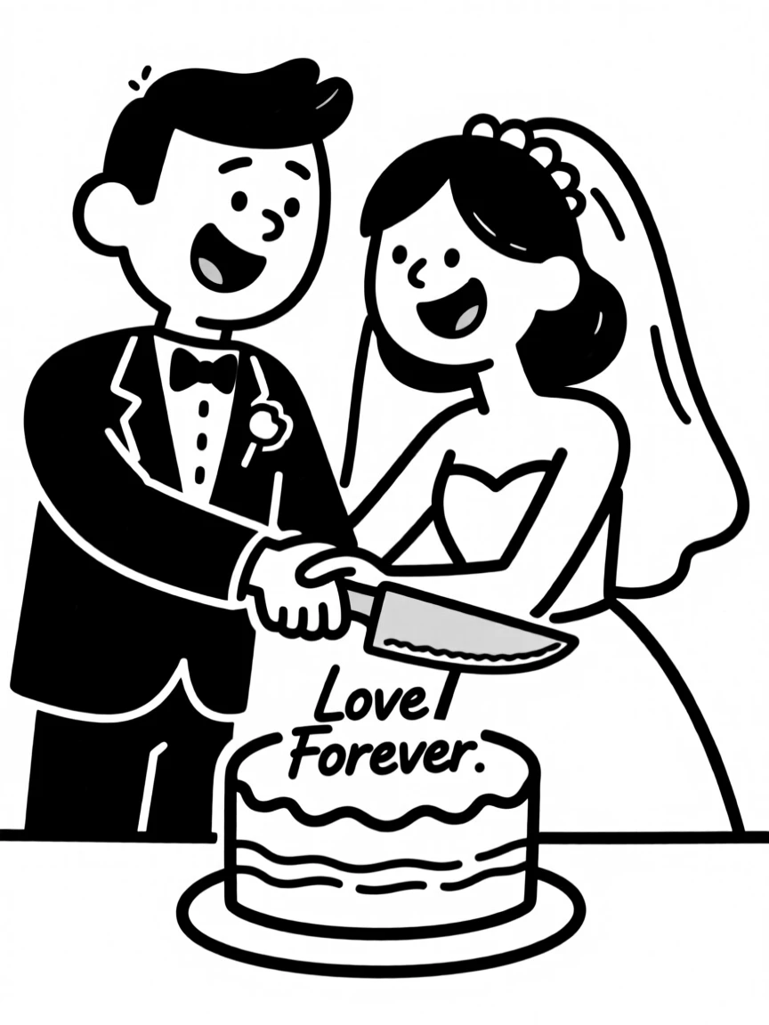 A couple cutting their wedding cake together, hands intertwined around the knife.