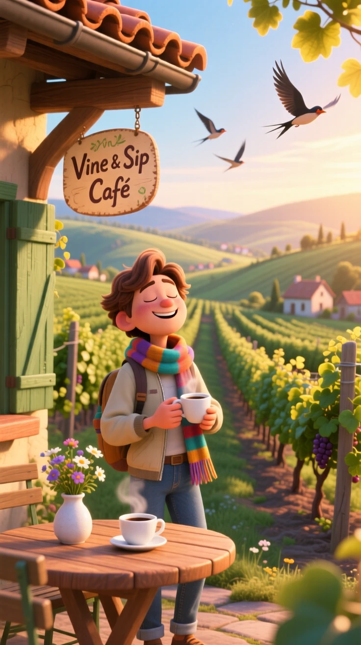 A traveler sipping coffee at a small cafe stands in a vineyard with rows stretching into the distance, taking in the sweeping view below. A warm sense of gratitude and wanderlust colors the moment, with distant birds gliding on the breeze.