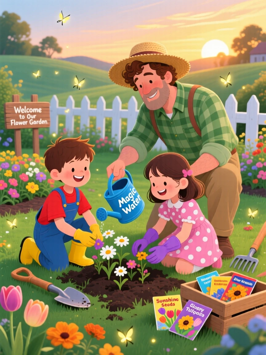 Twin siblings spends the afternoon planting flowers in the garden with his father, as fireflies begin to twinkle.