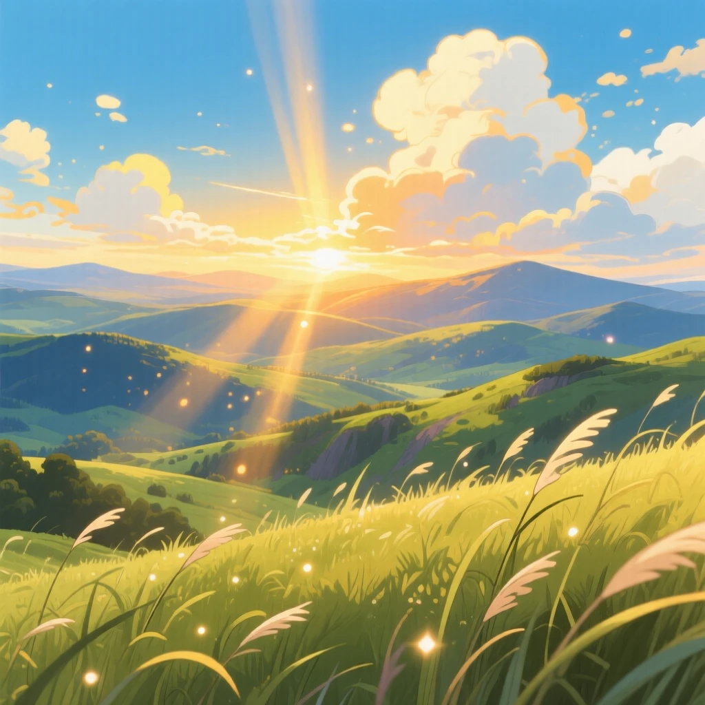 A breathtaking view of a highland plateau under a vast sky, with sunlight breaking through scattered clouds in golden shafts, at golden hour, seen through a gentle foreground of grass.