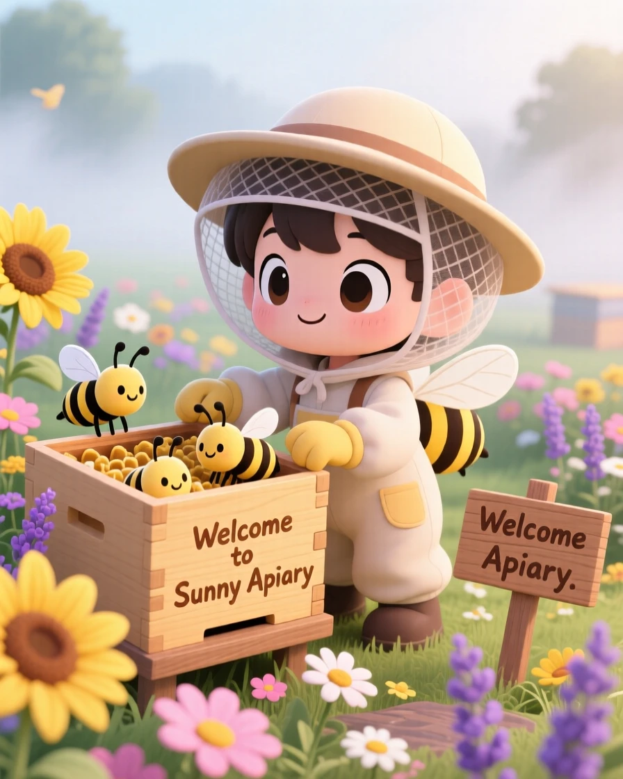 Dynamic diagonal composition: a young beekeeper, gently checking a hive of friendly bees, set against a sunny flower-filled apiary on a misty foggy morning, with diffused overcast light and a mood of brave confidence.