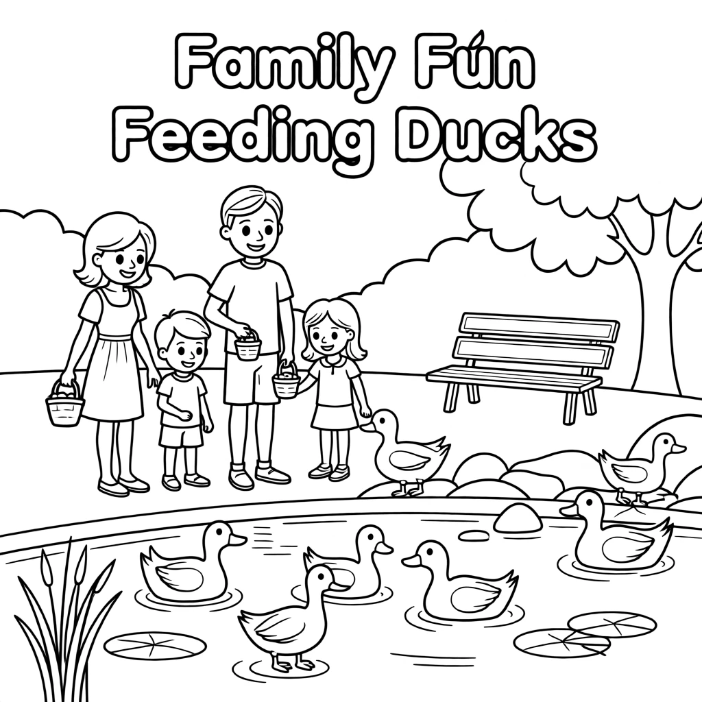 A family feeding ducks together at the park pond
