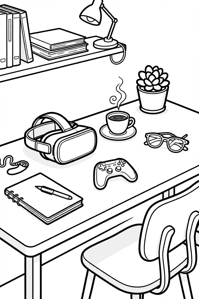 A VR headset resting beside a controller on a desk, with a cup of coffee steaming nearby.