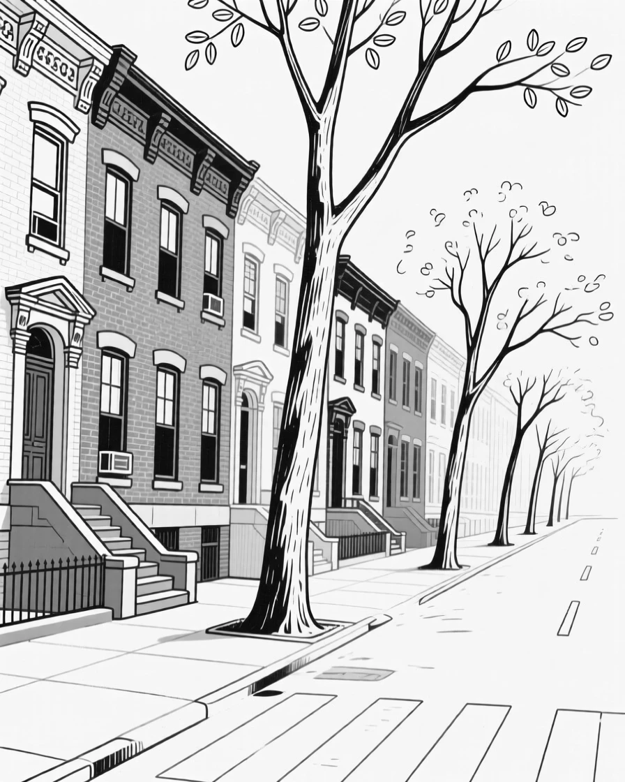 A row of brownstone townhouses on a tree-lined city street
