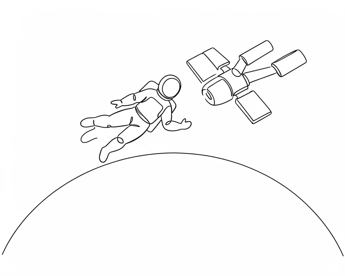 An astronaut floating outside a space station above the curve of Earth