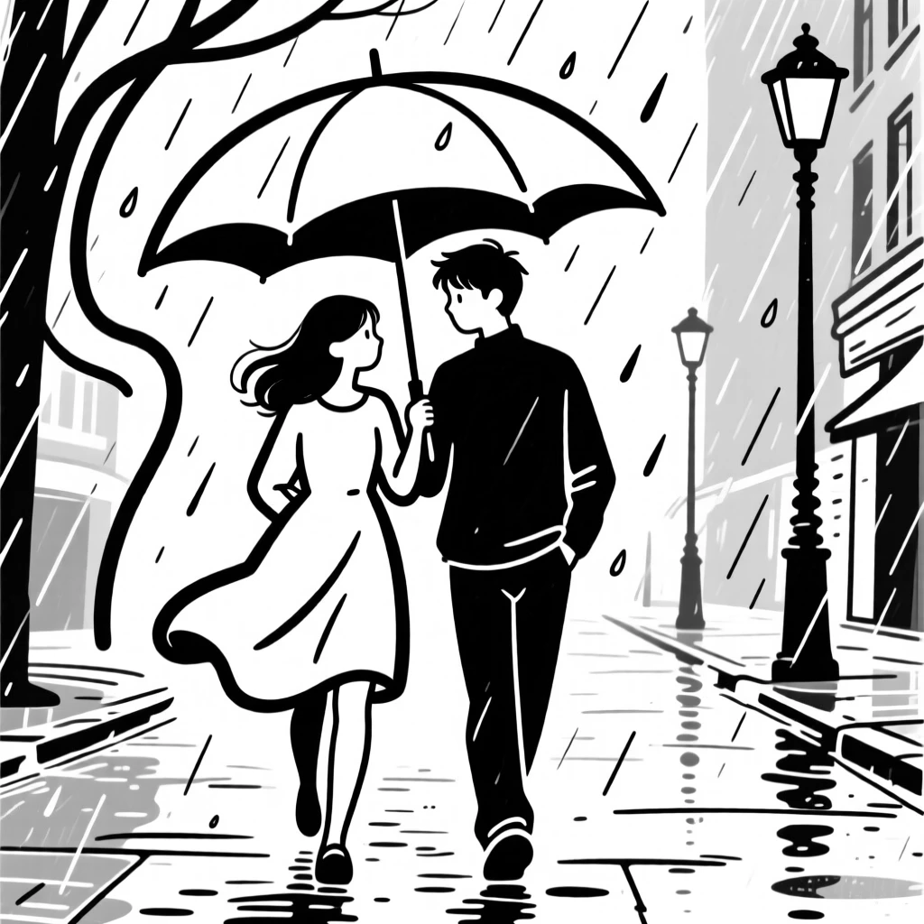 A young couple sharing an umbrella while walking through a rainy city street.