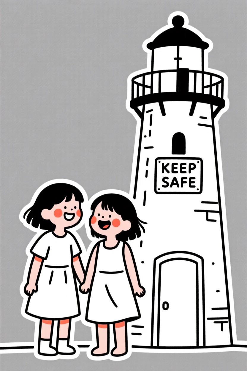 Siblings laughing together in a casual sundress, beside an old lighthouse.