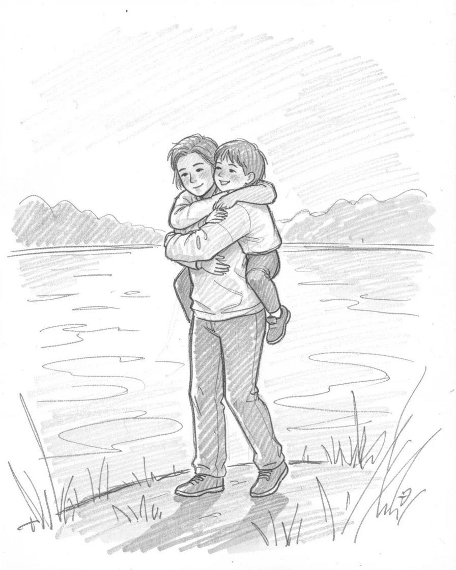 Siblings sharing a piggyback ride, beside a calm lake at sunset, captured in a tender, unguarded moment.