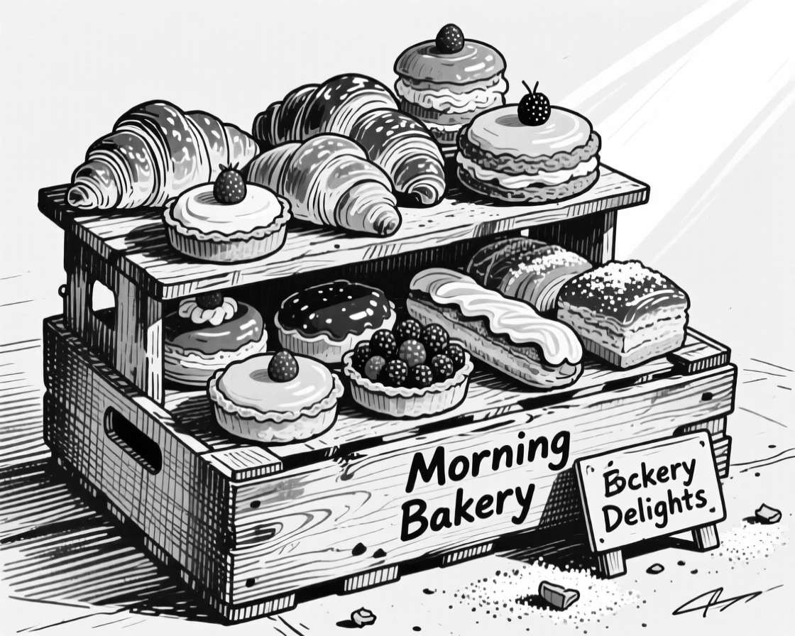 A tiered display of pastries arranged on a rustic wooden crate, with sunlight catching the glossy surface, presented in a cheerful and abundant culinary still life.