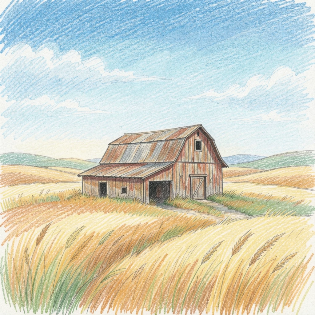 A rustic barn surrounded by rolling hay fields under a wide summer sky, captured in a quiet, intimate moment full of atmosphere, evoking warmth, beauty, and a lasting sense of wonder.