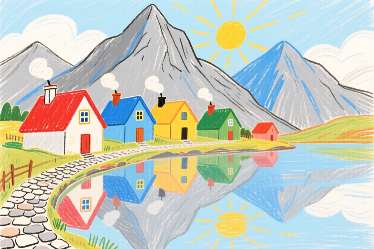 A view of a mountain hamlet reflected perfectly in still morning water.