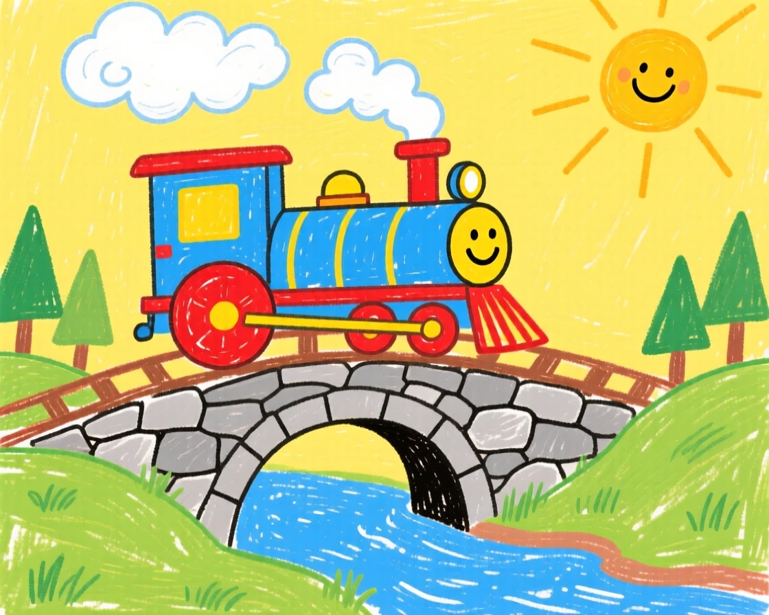 A shiny steam locomotive crossing an old stone bridge.
