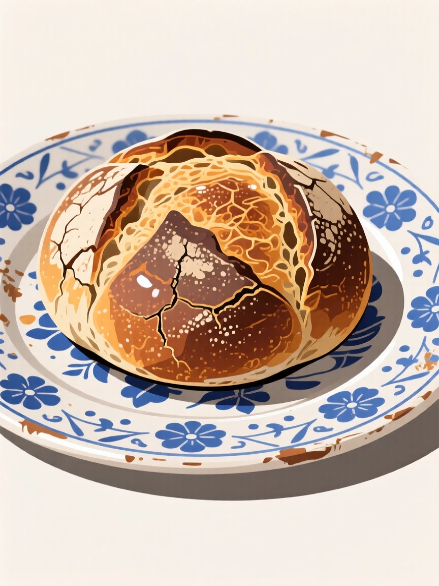A rustic loaf of freshly baked sourdough bread, placed on a vintage ceramic platter, arranged with complementary colors for visual appeal, with glossy highlights that make the dish look freshly made.