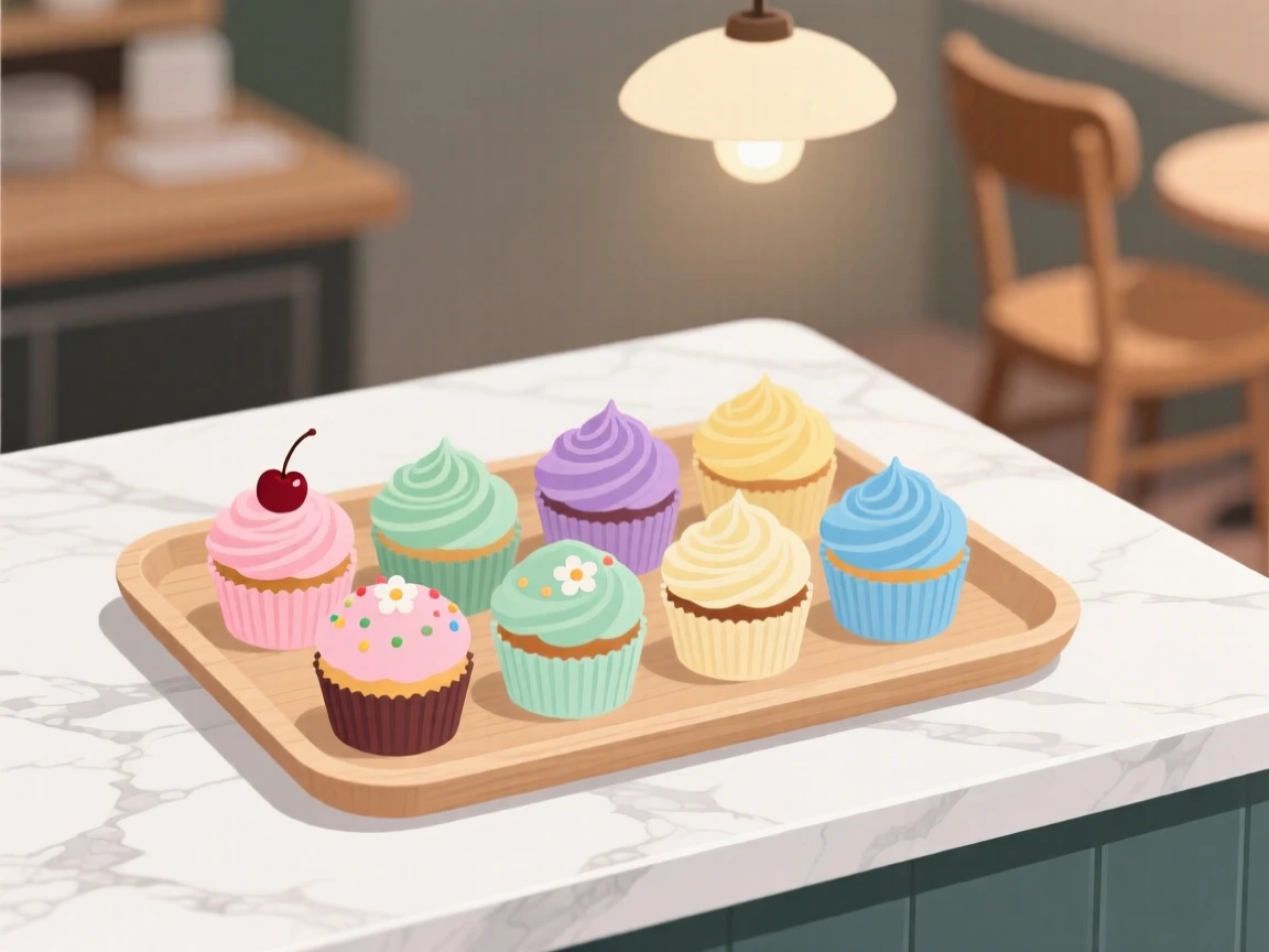A tray of colorful cupcakes beautifully displayed on a marble countertop at a cozy cafe.