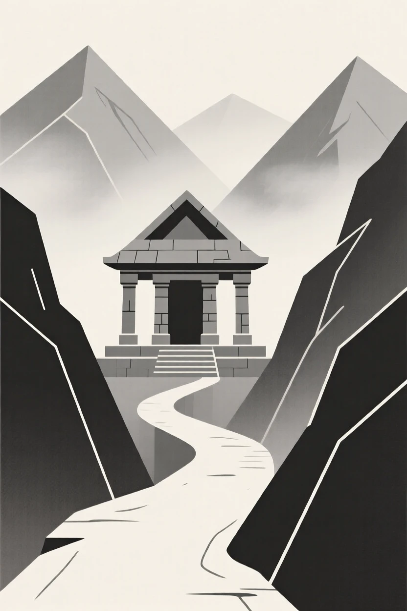 A journey through a misty mountain pass toward an ancient stone temple, passing distant mountain peaks, full of cultural wonder.