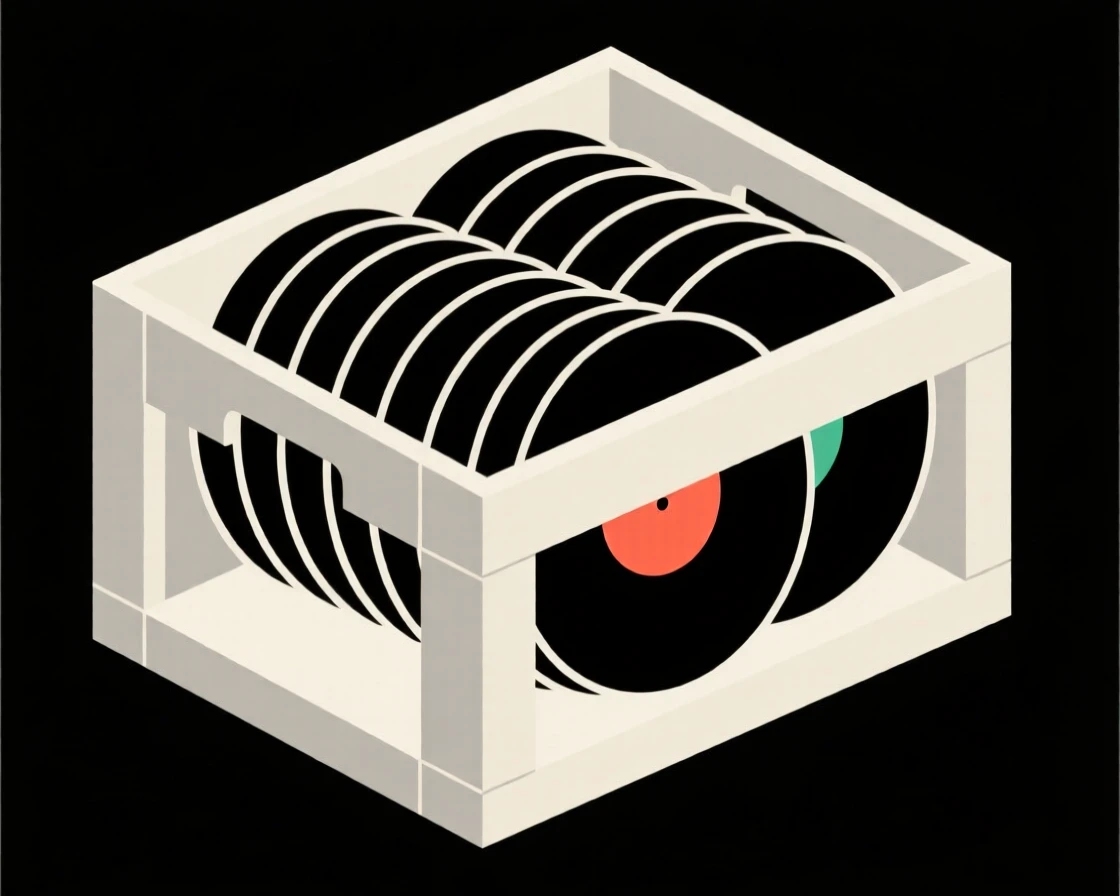 A collection of vinyl records in a crate