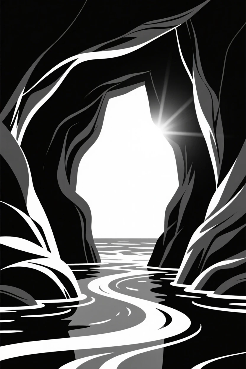 A coastal cave with sunlight streaming through an opening.