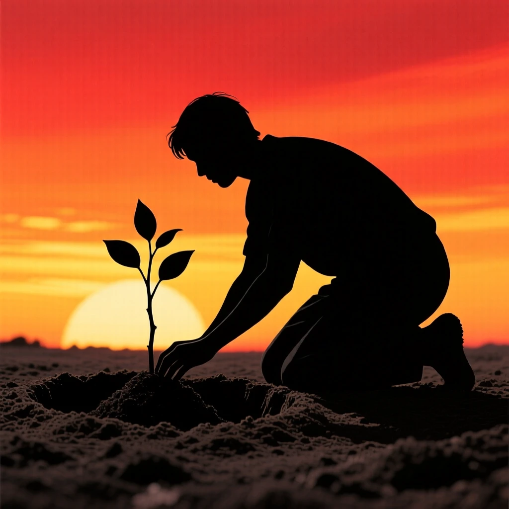 A person planting a small tree sapling in a freshly dug patch of earth.
