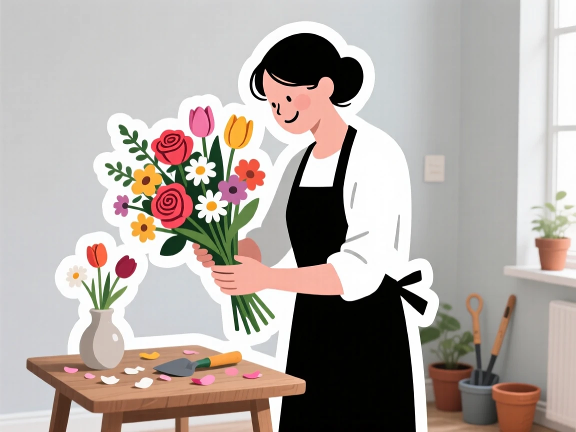 A focused and joyful florist arranging a bouquet of fresh flowers, with a look of quiet satisfaction, in a peaceful home corner dedicated to their craft.