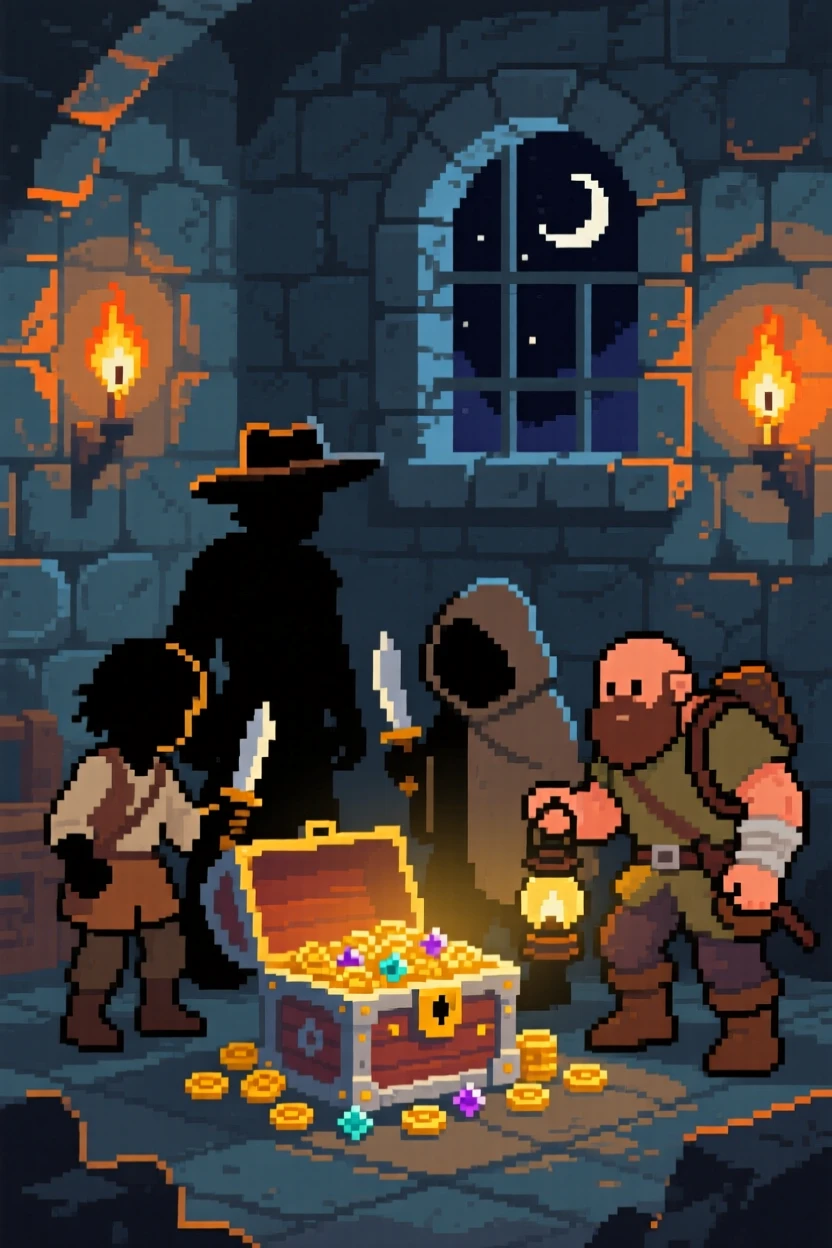 A small band of treasure hunters opening a treasure chest in a torch-lit room, within a haunted castle at midnight.