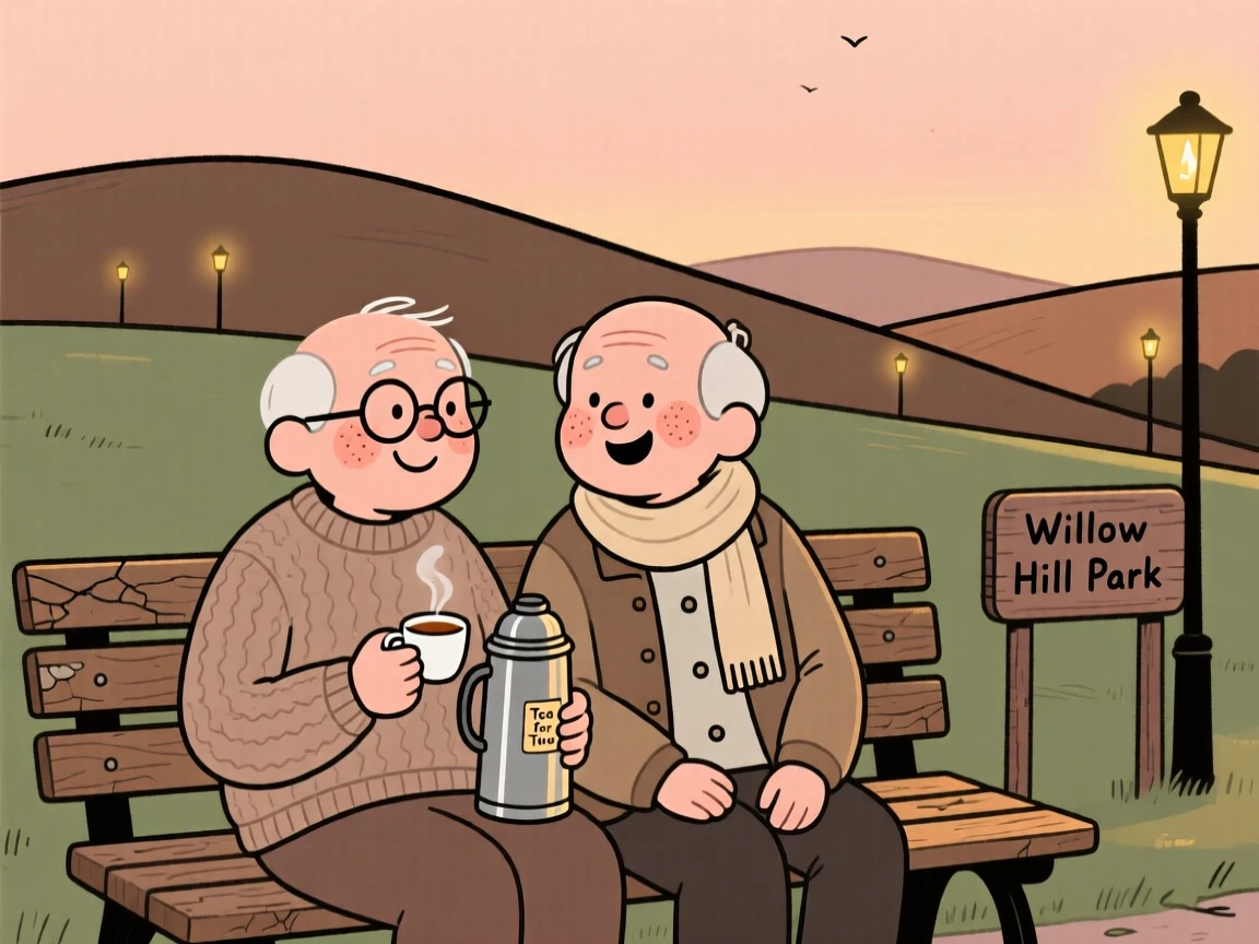Two old friends sit on a weathered park bench overlooking the rolling hills, sharing a shared thermos of tea and easy laughter as the streetlights flicker on one by one.