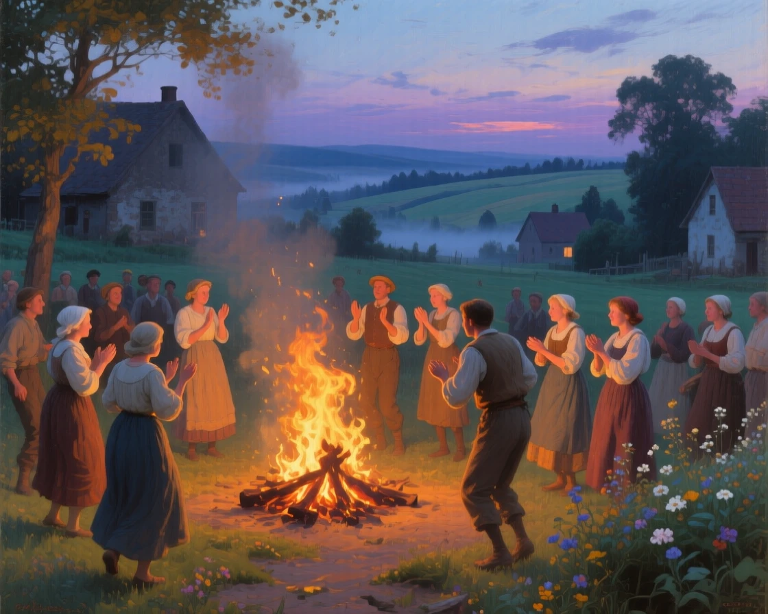 A grand panoramic scene of villagers gathered around a bonfire celebrating the summer solstice, in the mid-20th century, at dusk.