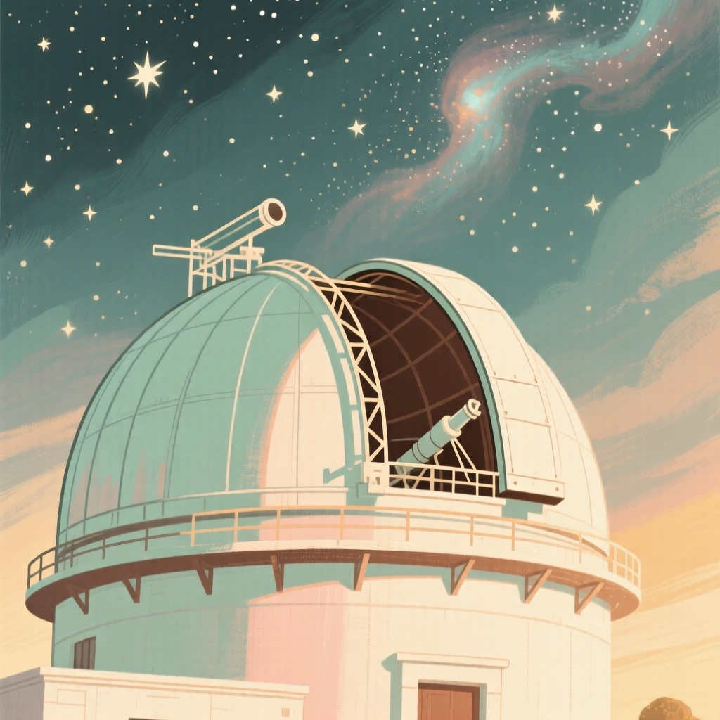 An old observatory dome open to a sky full of stars