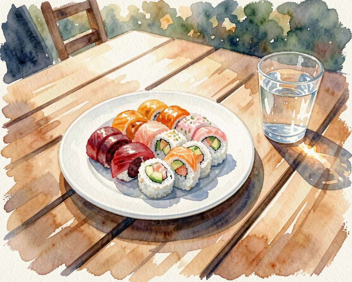 A plate of colorful sushi rolls on a sunlit outdoor patio table with sunlight catching the glass.