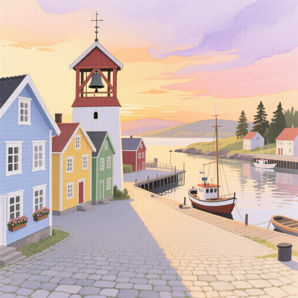 A picturesque view of a Scandinavian fishing village with a bell tower overlooking the town square, at golden hour