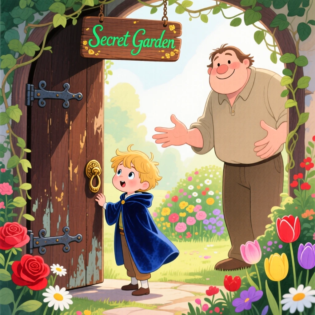 A young prince in a velvet cloak discovering a secret garden behind an old door for the first time, greeted by a kind-hearted giant.