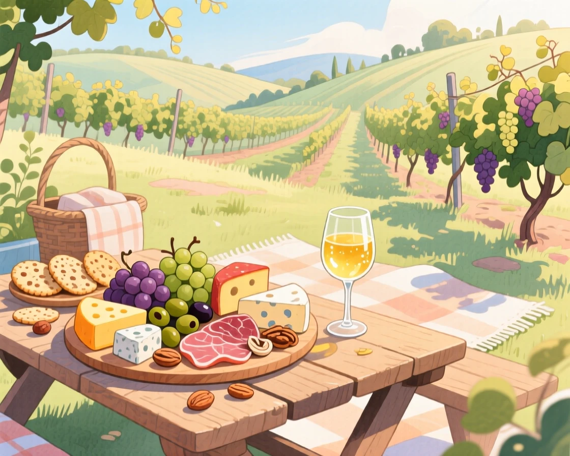 A vineyard picnic with a charcuterie board and a glass of golden wine, brimming with festive, mouthwatering delight.
